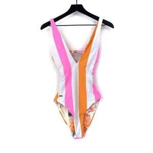 MAAJI Reversible One Piece Swimsuit Floral Striped Pink Orange White M